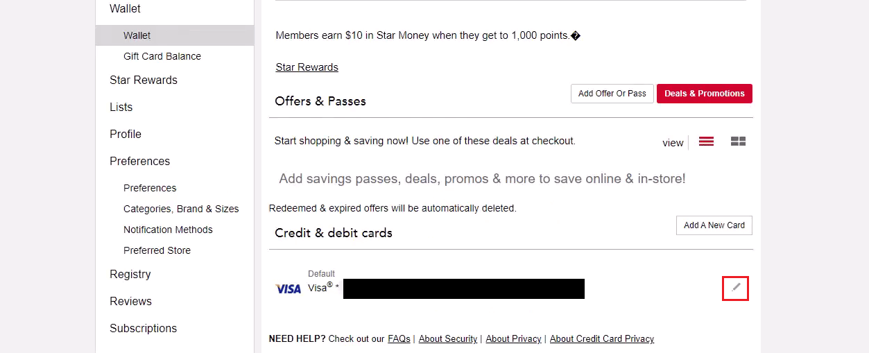 Click on the edit icon next to the desired credit card from the Credit & debit cards section | How to Delete Macy's Account