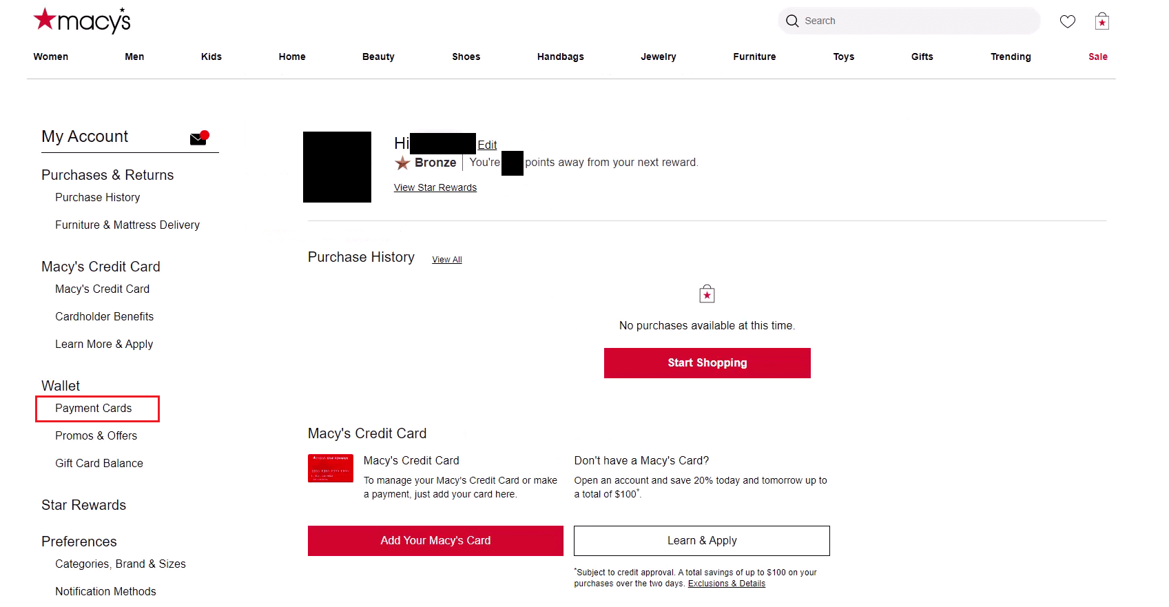 click on the Payment Cards option under the Wallet section | cancel payment on Macy's