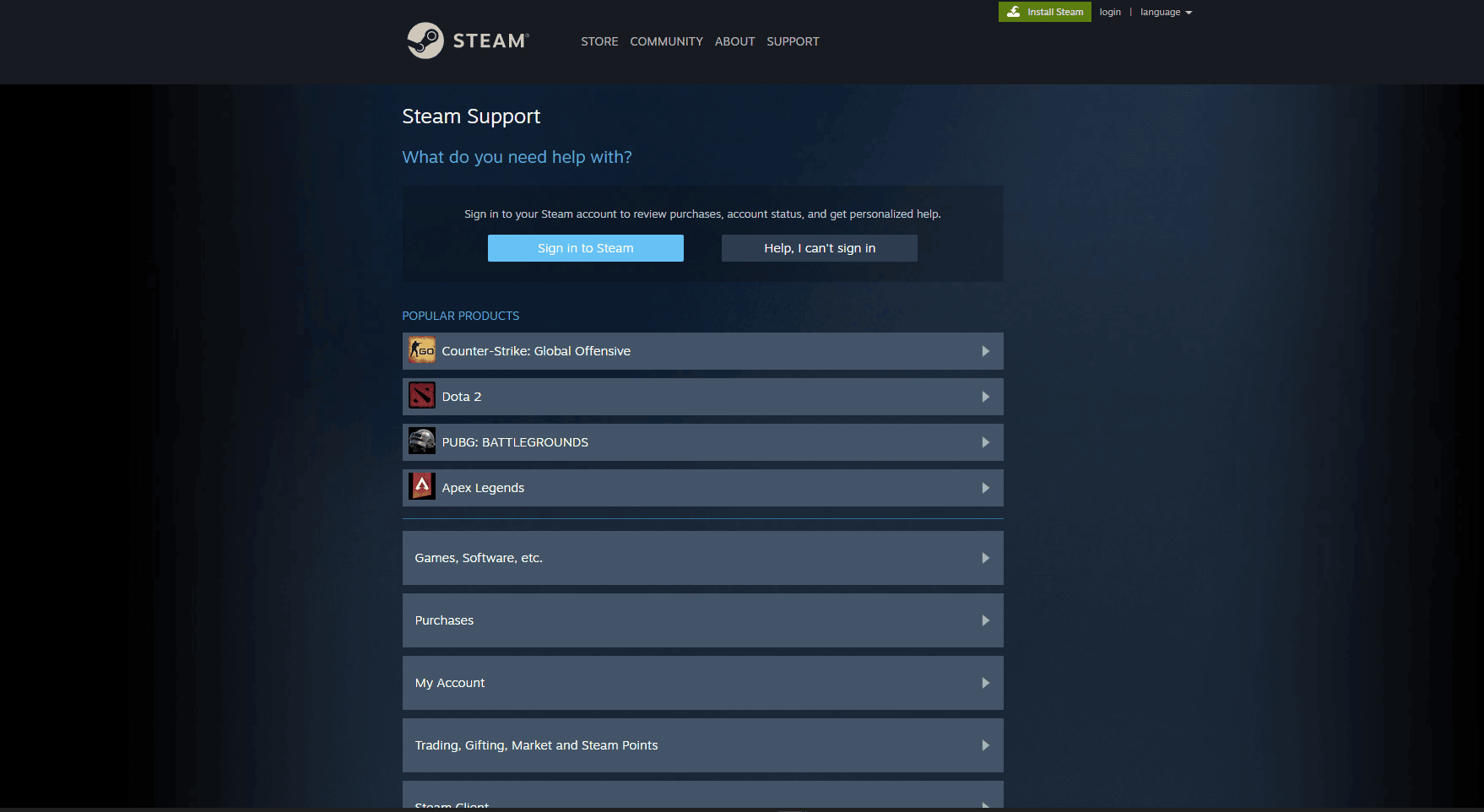 Steam Support page