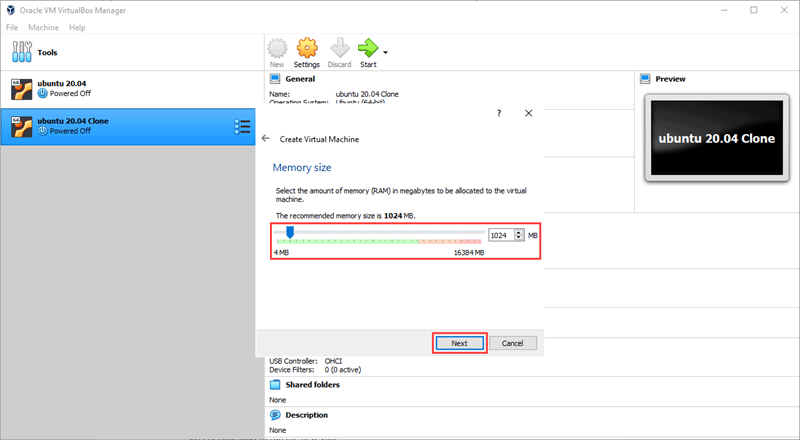 Set the amount of RAM for your new VM
