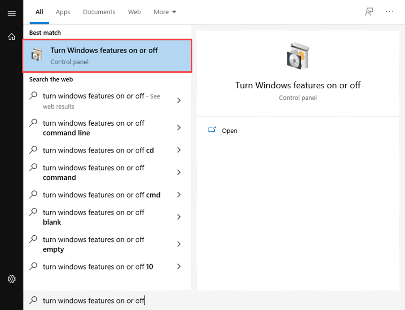 Turn Windows features on or off.
