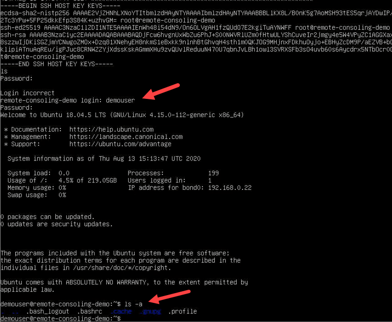 Remote console with a user logged in