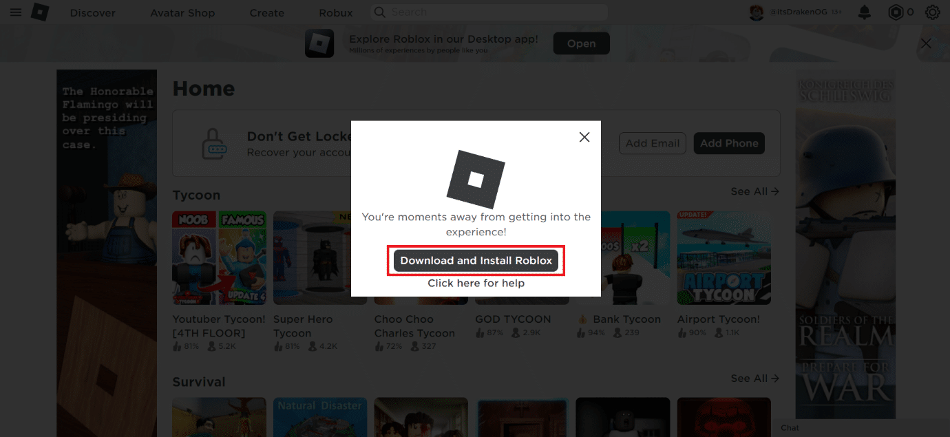 Click on Download and Install Roblox