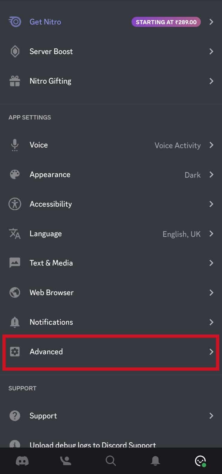 tap on the Advanced option