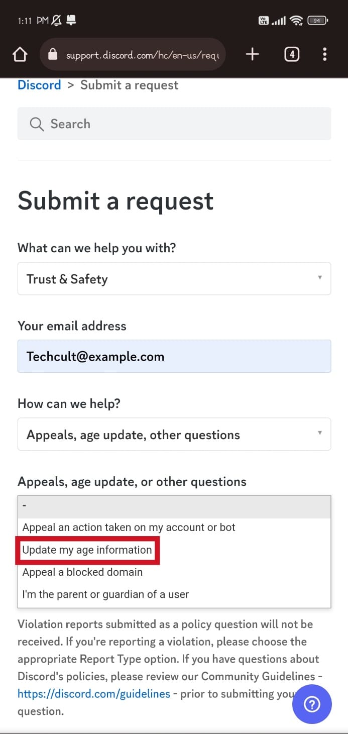 tap on the Update my age information option