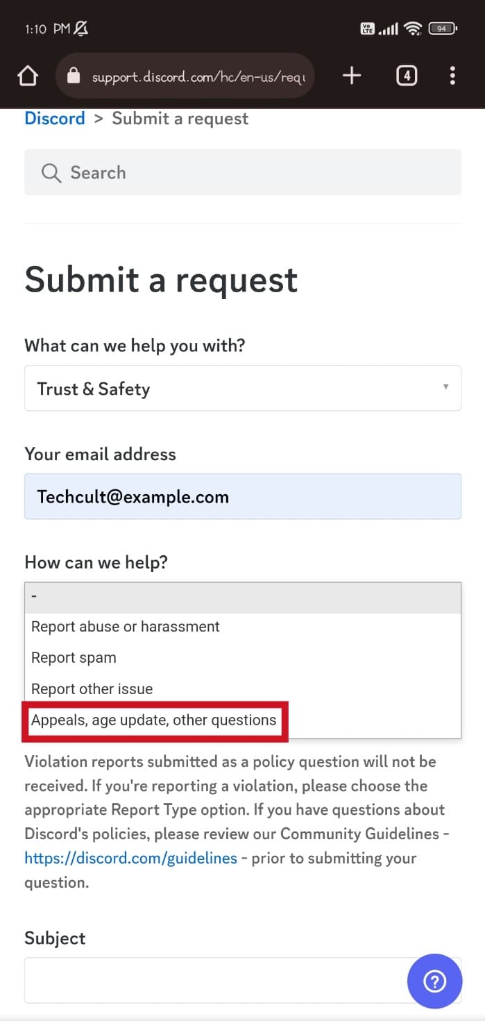 tap on the Appeals age update other questions option. How to Change Age on Discord