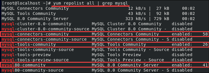output of a list of MySQL repositories