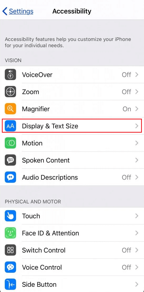 tap on the Display & Text Size option