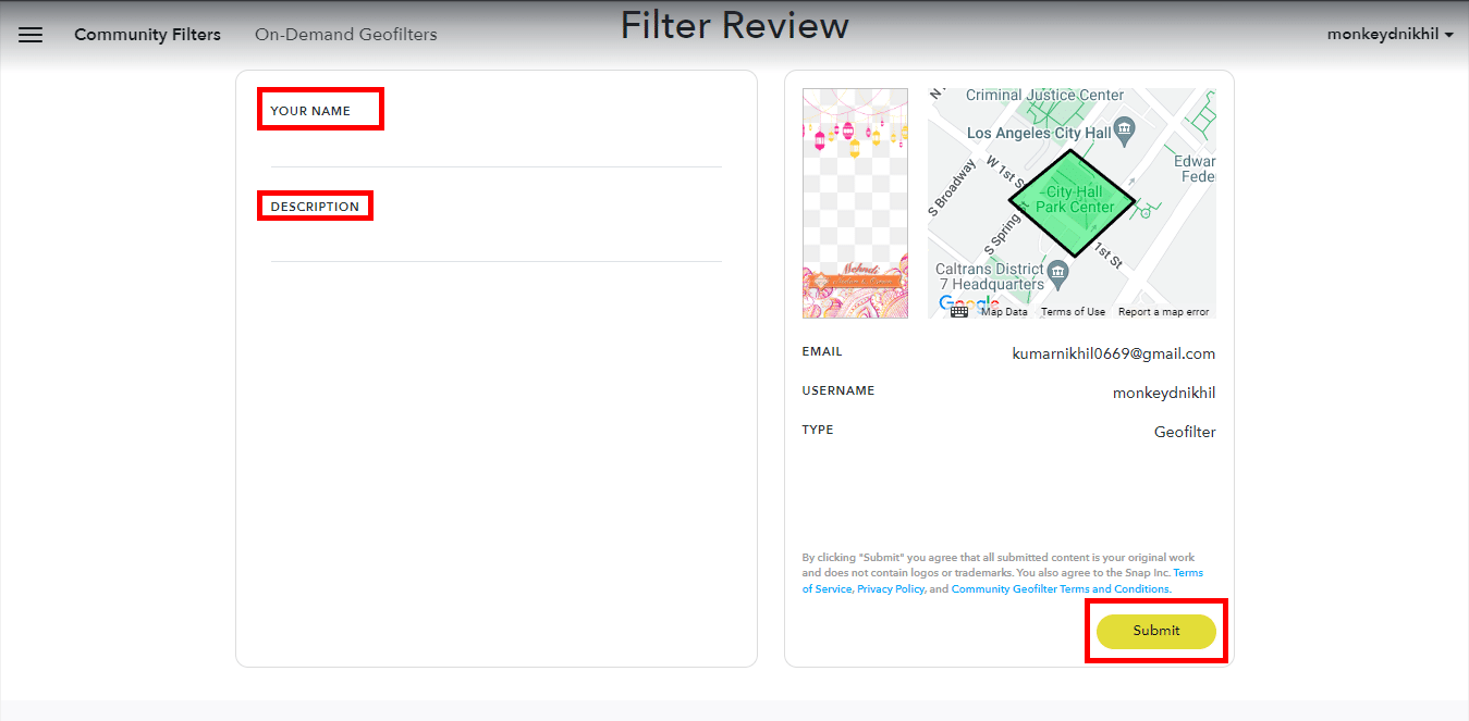 Submit your filter by adding your name and description. How to Create Snapchat Filter for Free