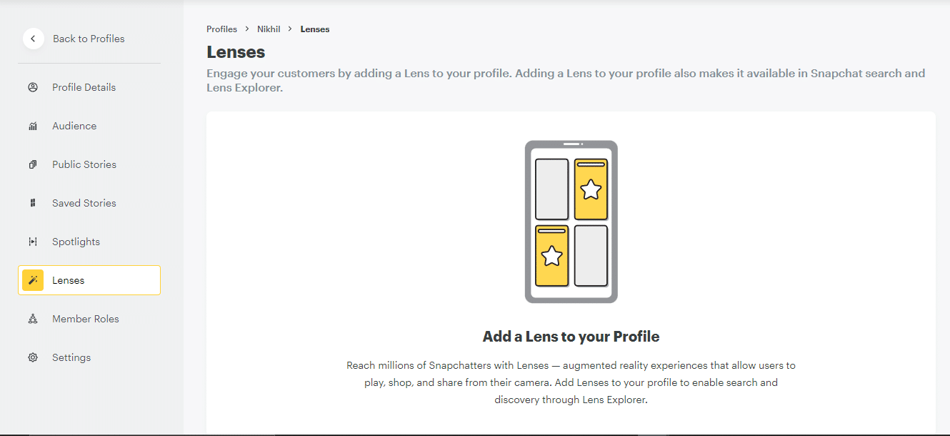 You can see your lenses and also update your lens also from here. Snapchat lens creator profile