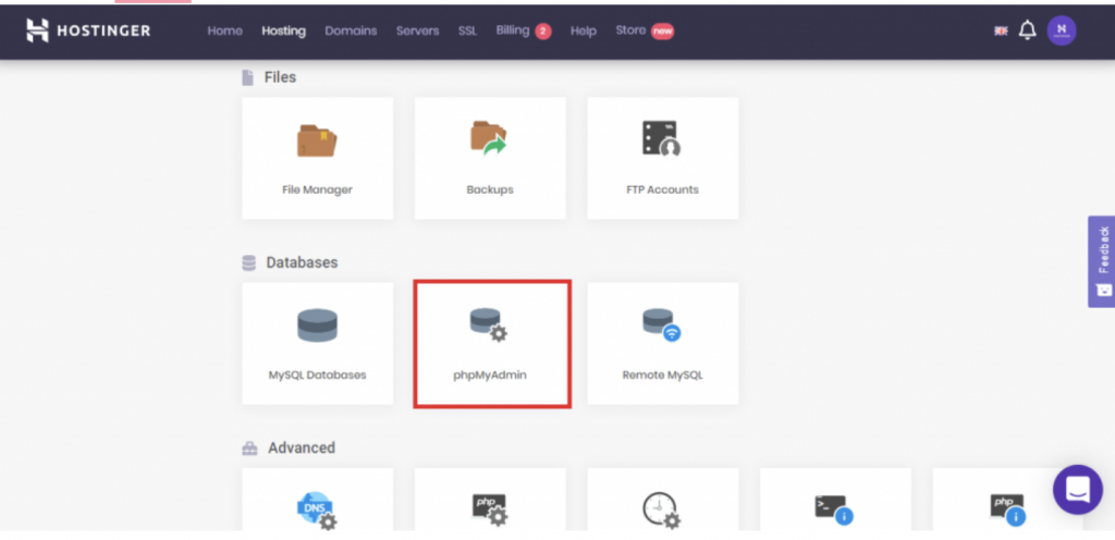 hPanel dashboard, navigating to the Databases phpMyAdmin section