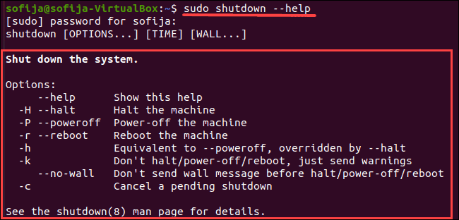 List shutdown command with all parameters.