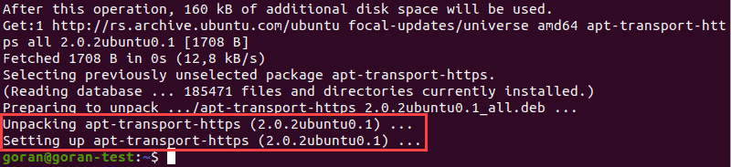 Output when installing apt-transport package.