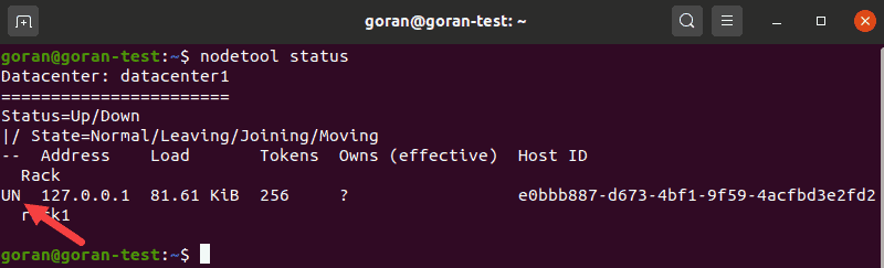 Checking the cluster status with the nodetool command.