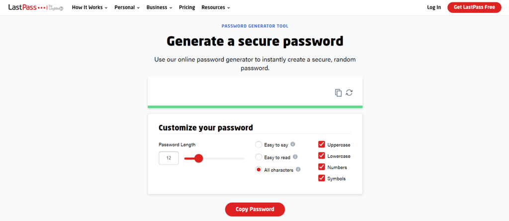 Screenshot of the LastPass homepage