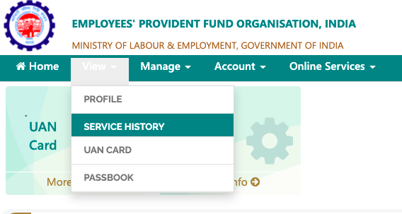service history on UAN member portal,
