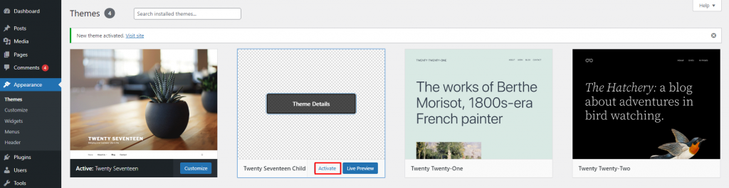 The Activate button for your WordPress child theme.