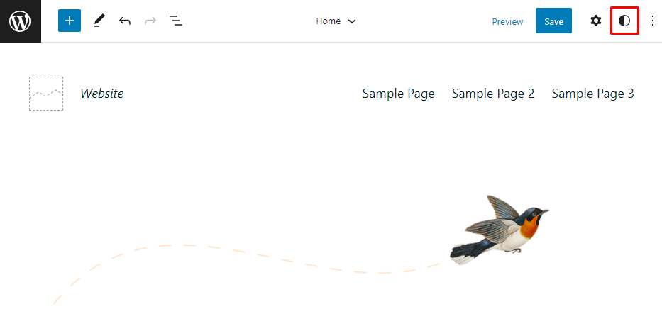 Global styles panel button at the top right panel of the block editor. 
