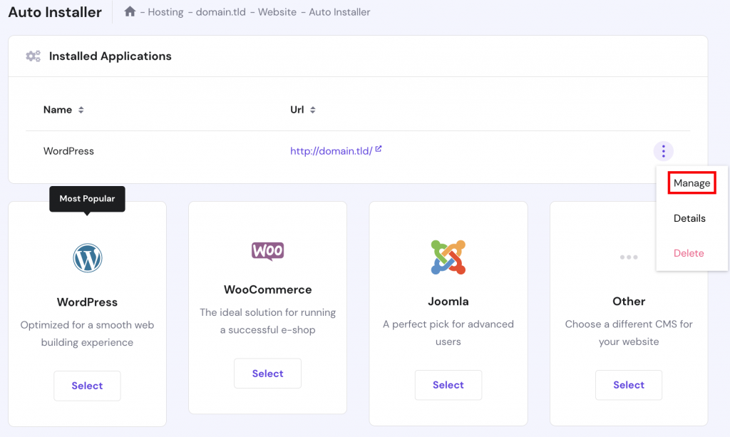 The Auto Installer section, highlighting the "Manage" button that appears after clicking on the three dots