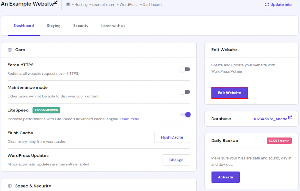 The WordPress dashboard in hPanel, highlighting the "Edit Website" button at the right tab