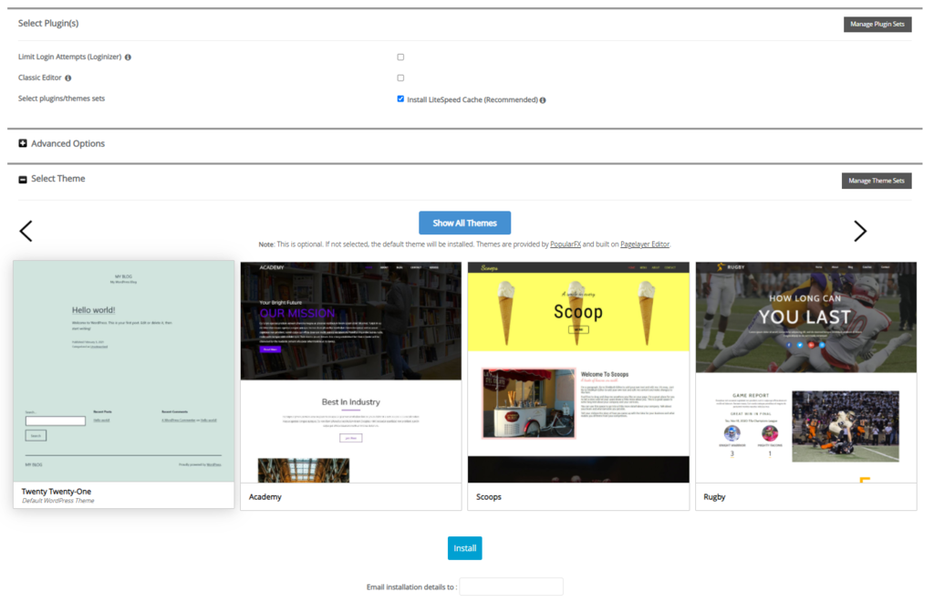 Softaculous WordPress installation form in hPanel