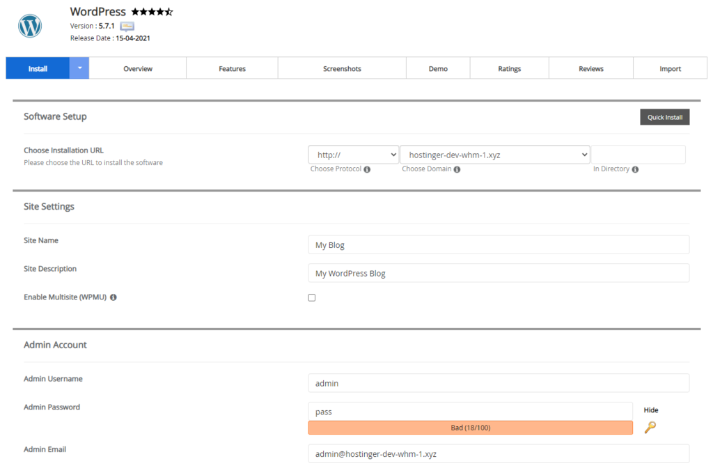 WordPress installation information in cPanel