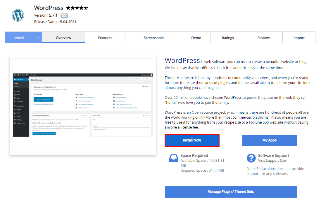 The "Install Now" button in the WordPress section in cPanel