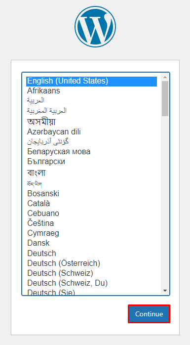 The WordPress installation page featuring the language options.