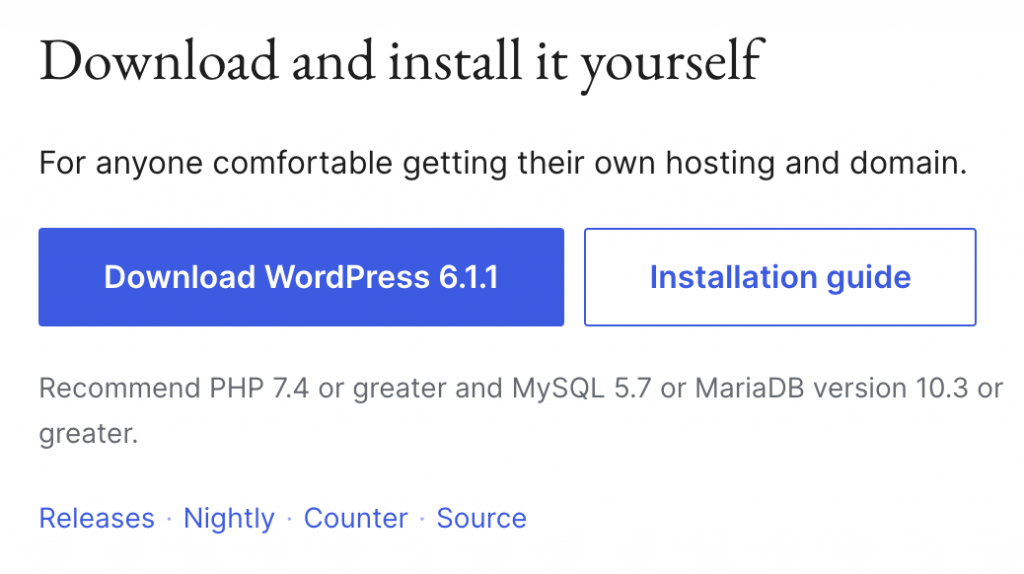 The WordPress download button in the homepage