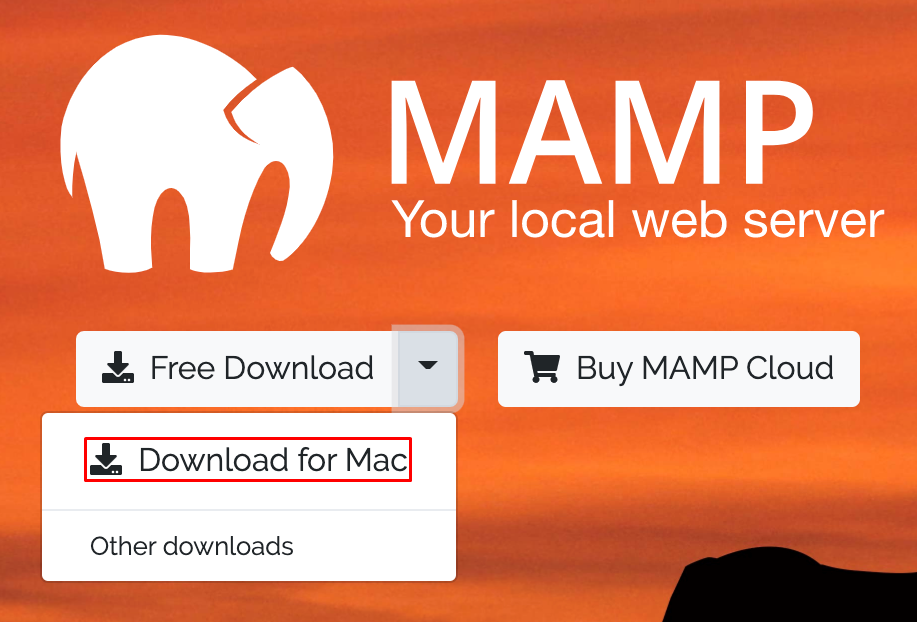 MAMP homepage, highlighting the "Download for Mac" button