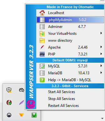 WampServer's phpMyAdmin button.