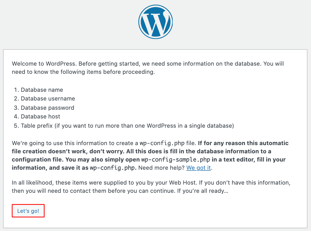WordPress welcome message