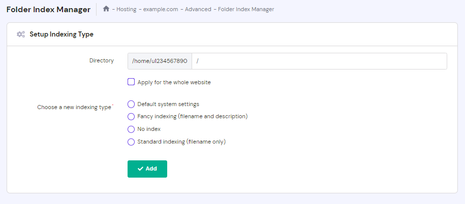 The Folder Index Manager in hPanel