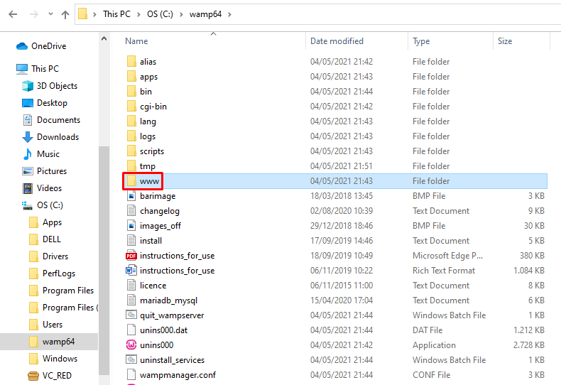 The wwwfolder in Wamp64 folder in Windows
