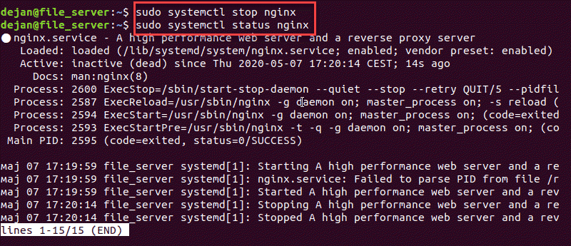 Terminal command to stop an Nginx web server