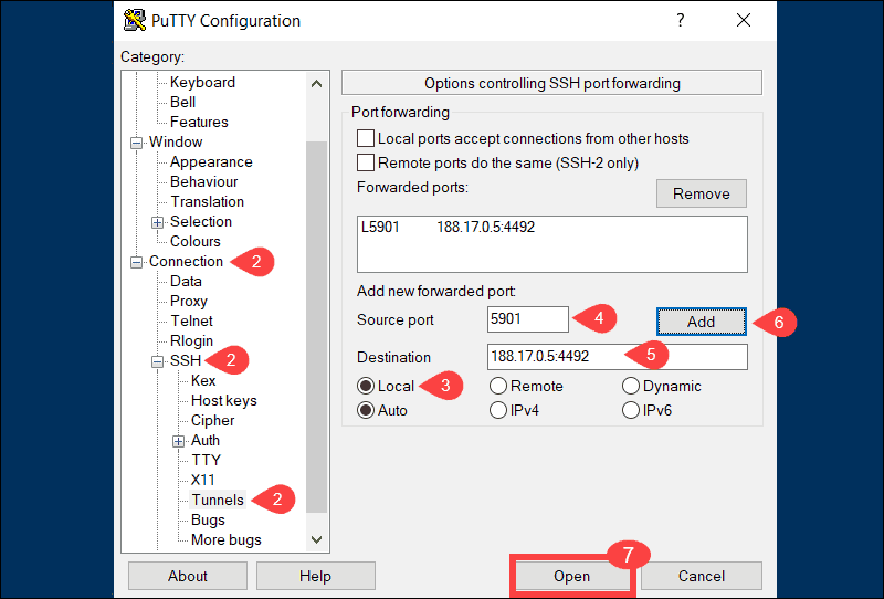 Steps to complete in order to set up SSH tunnelling in PuTTY.