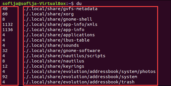 An example of the du command output.