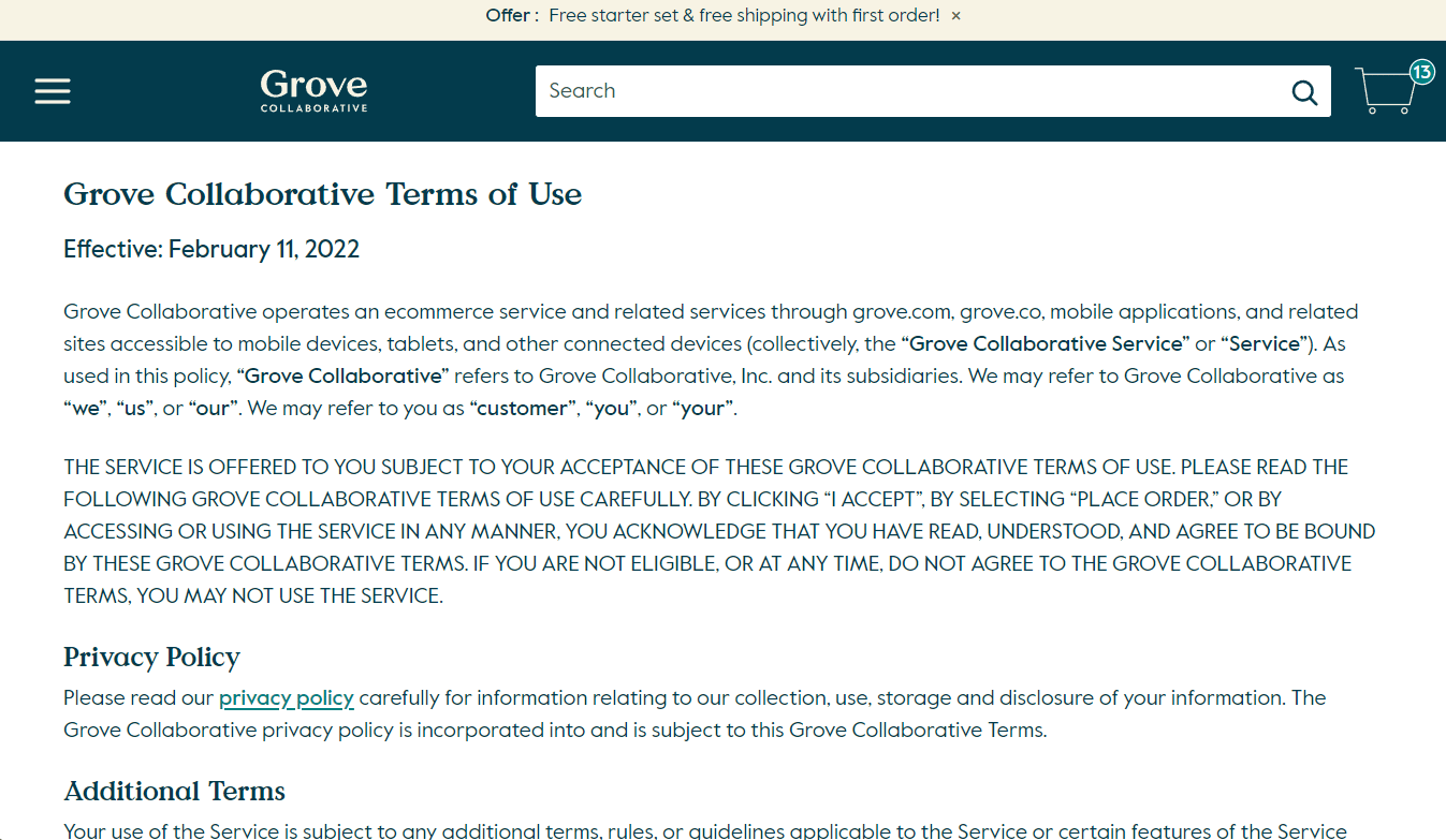 Grove terms of use page | Grove cancellation policy