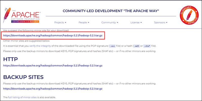 The download page provides the direct download miror link for Hadoop.