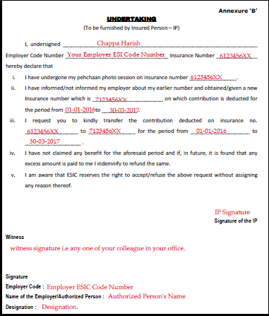 Sample Filled ESIC Contribution Transfer Form