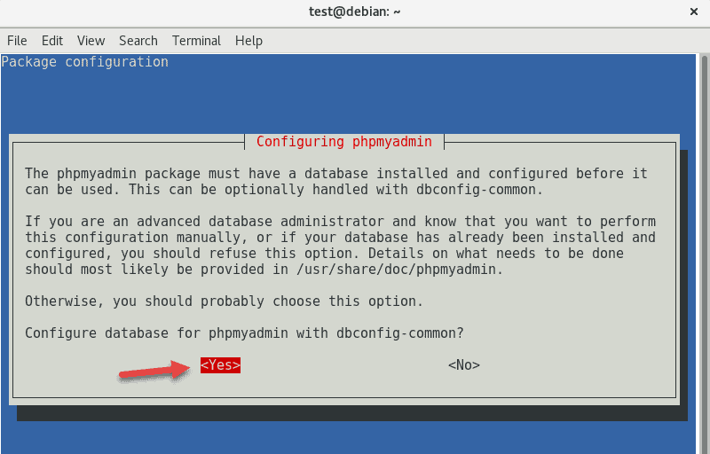 phpMyadmin configuration, selecting dbconfig-common