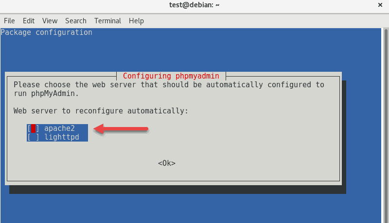 phpMyAdmin configuration window, selecting a web server.