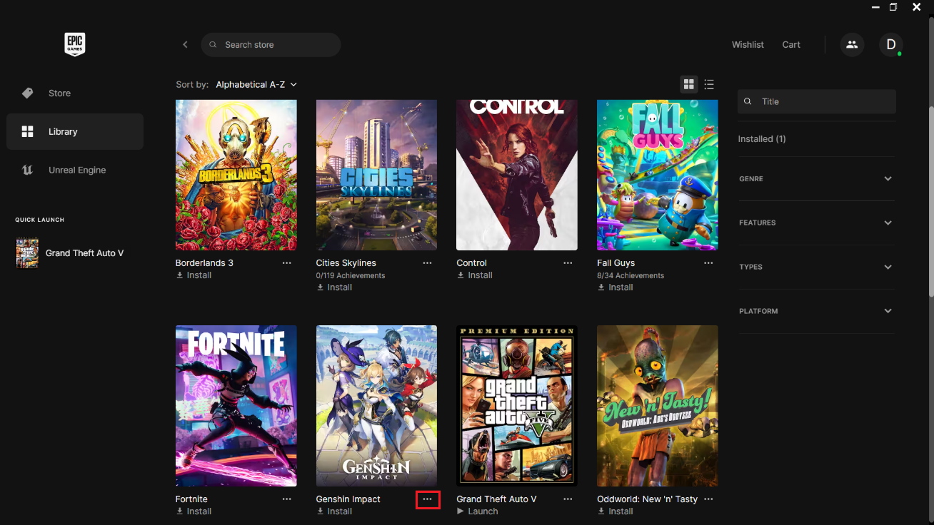 Find Genshin Impact in the list and click on the three dots next to the game name
