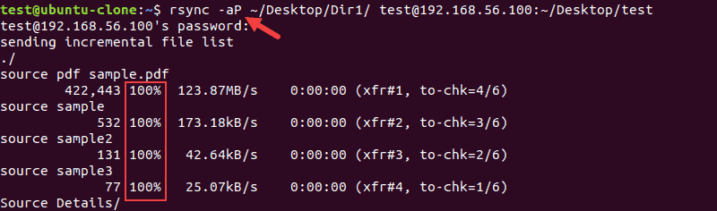 The rsync command output when checking the status of the transfer using the -aP option.