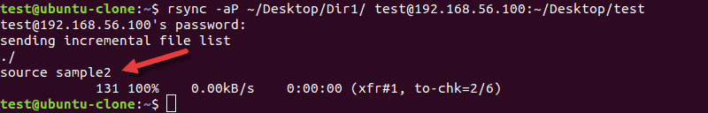 output for the rsync command with the status option when there is a modification or a new file to transfer