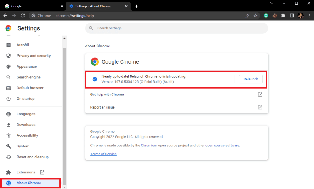 Click on About Chrome