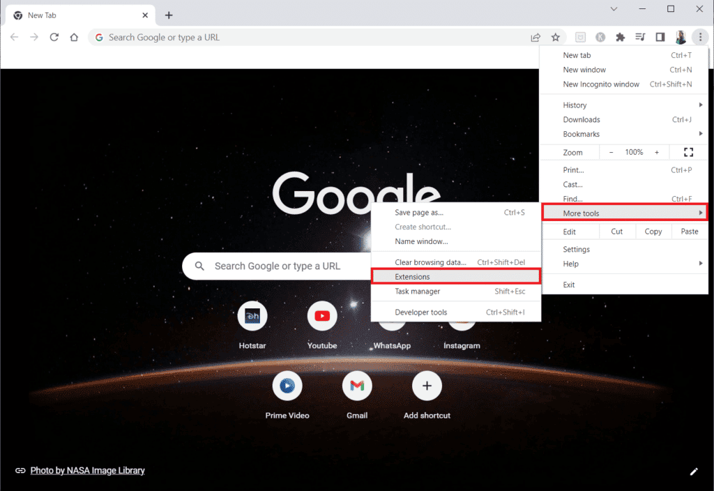Select More tools and click on Extensions