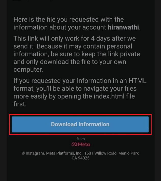 Open the received mail with your IG data file and tap on Download information | backup my Instagram chats