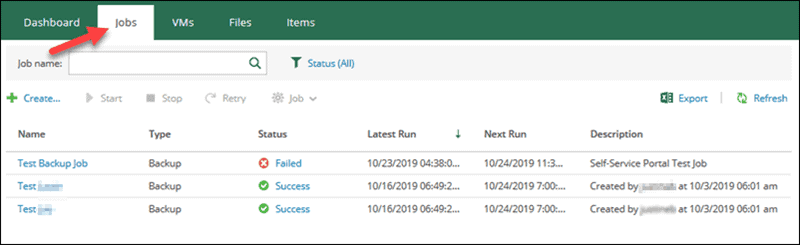 veeam self-service portal interface jobs list