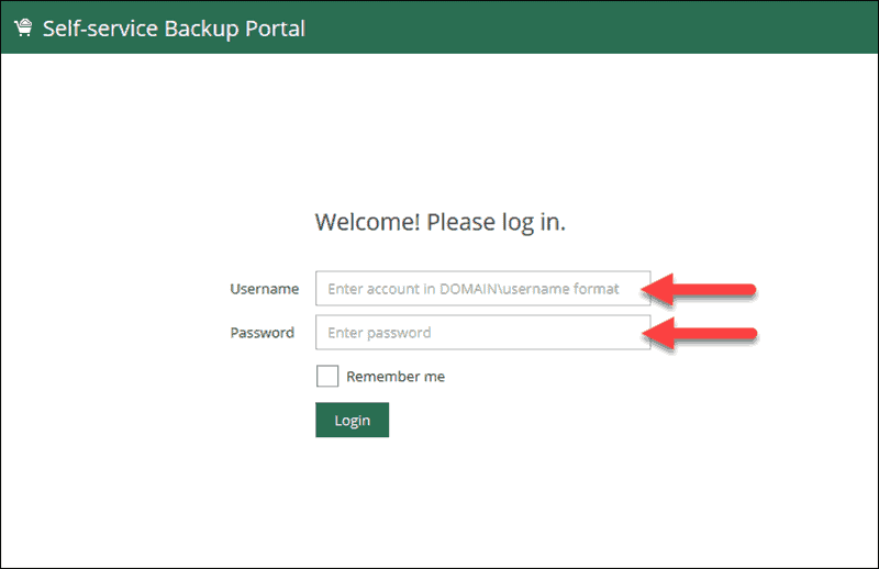 veeam self-service portal login page